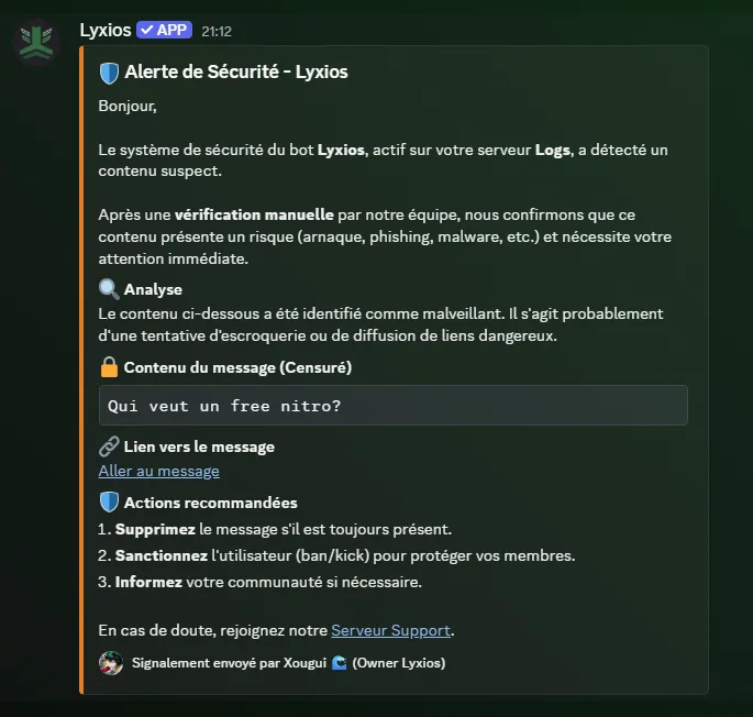 Exemple de l'embed envoyé en message privé à l'owner